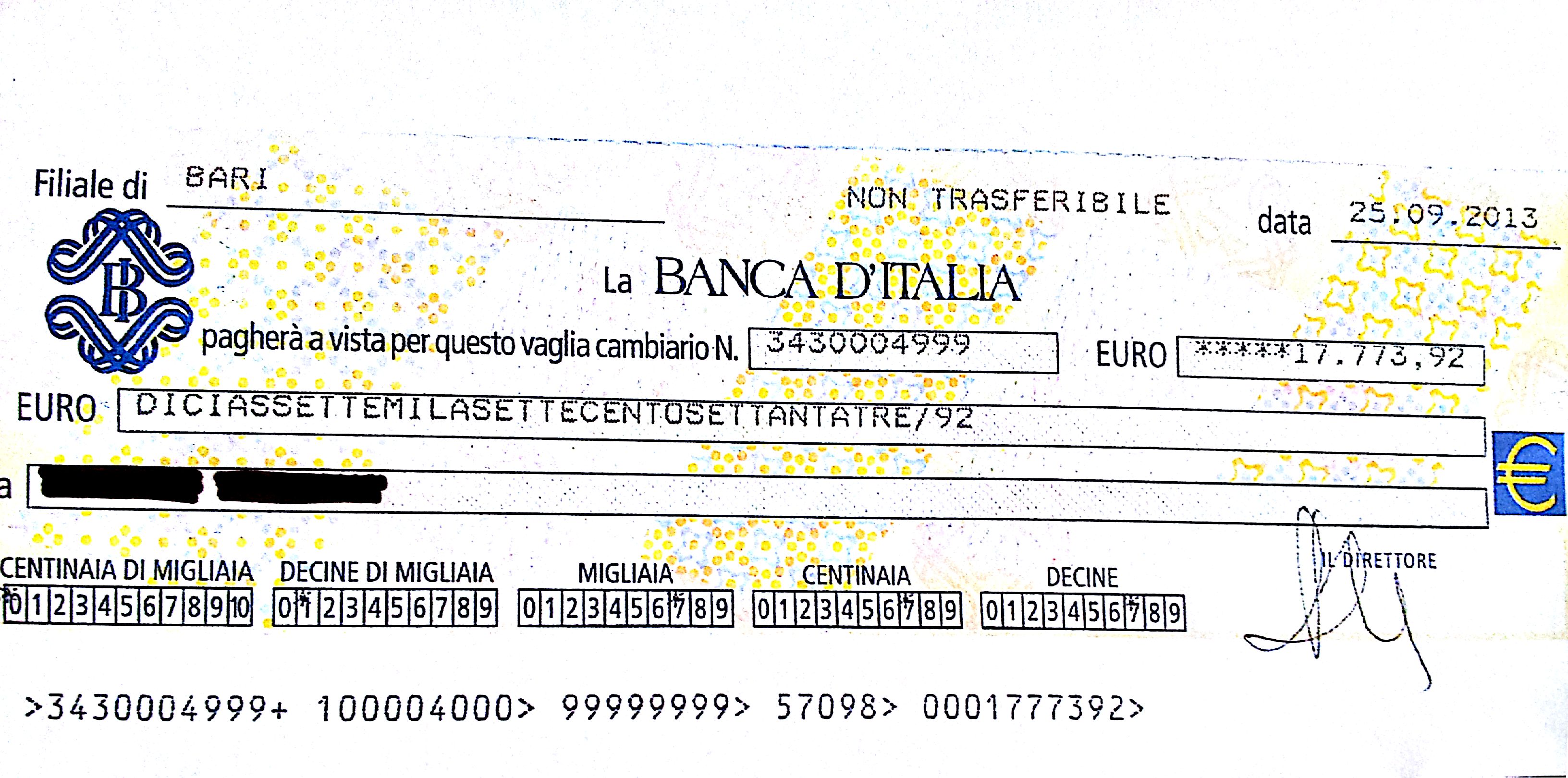 Al momento stai visualizzando Assegno BANCA D’ITALIA